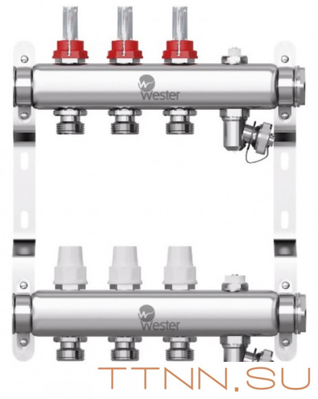Коллектор для теплого пола Wester 1"-3/4 в сборе с расходомерами на 3 выхода Коллектор для теплого пола Wester 1"-3/4 в сборе с расходомерами на 3 выхода