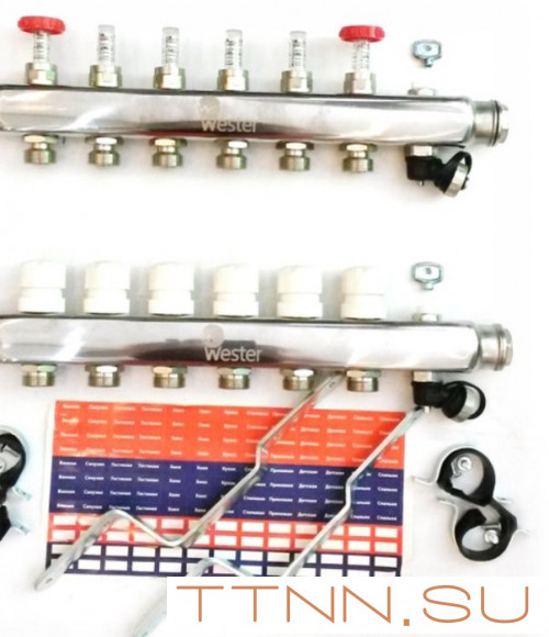 Коллектор для теплого пола Wester 1"-3/4 в сборе с расходомерами на 6 выходов Коллектор для теплого пола Wester 1"-3/4 в сборе с расходомерами на 6 выходов